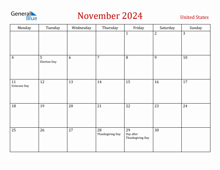 United States November 2024 Calendar - Monday Start