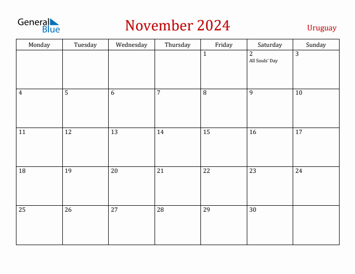 Uruguay November 2024 Calendar - Monday Start