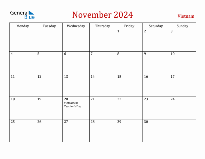 Vietnam November 2024 Calendar - Monday Start