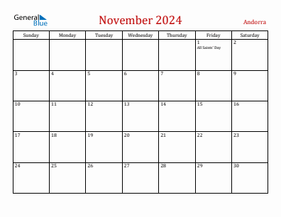 Current month calendar with Andorra holidays for November 2024