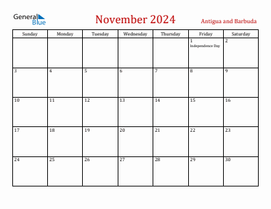 Current month calendar with Antigua and Barbuda holidays for November 2024