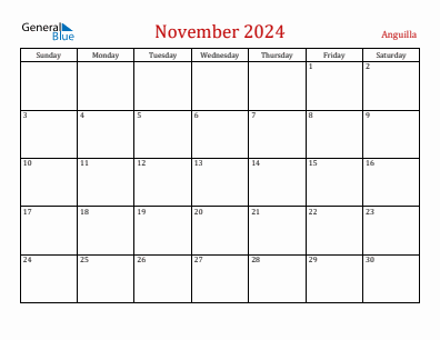 Current month calendar with Anguilla holidays for November 2024