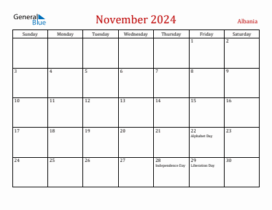 Current month calendar with Albania holidays for November 2024