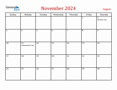 Current month calendar with Angola holidays for November 2024