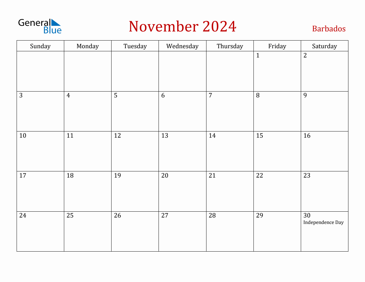 November 2024 Barbados Monthly Calendar with Holidays