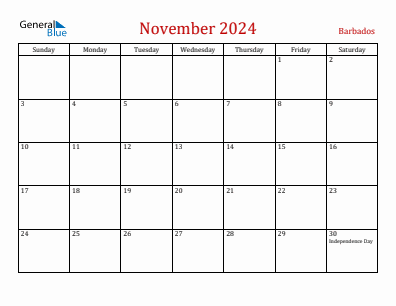 Current month calendar with Barbados holidays for November 2024