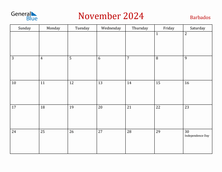 Barbados November 2024 Calendar - Sunday Start