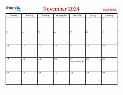 Current month calendar with Bangladesh holidays for November 2024