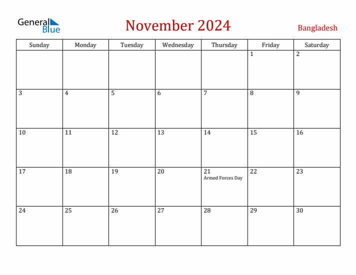 Bangladesh November 2024 Calendar - Sunday Start