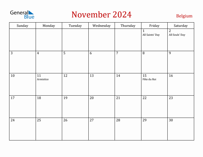 Belgium November 2024 Calendar - Sunday Start