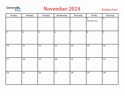 Current month calendar with Burkina Faso holidays for November 2024