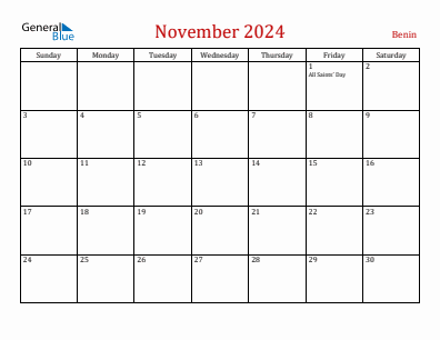 Current month calendar with Benin holidays for November 2024