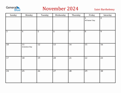 Current month calendar with Saint Barthelemy holidays for November 2024