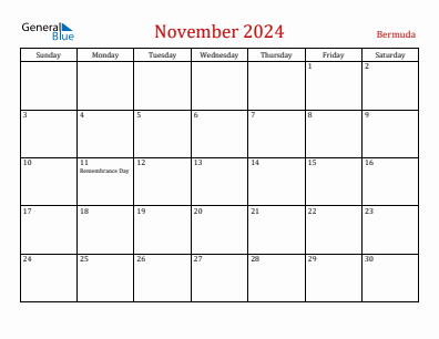 Current month calendar with Bermuda holidays for November 2024