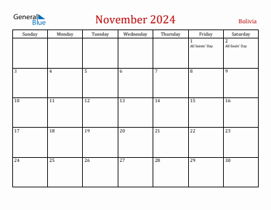 Current month calendar with Bolivia holidays for November 2024