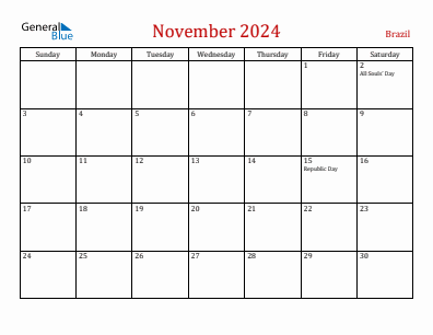 Current month calendar with Brazil holidays for November 2024