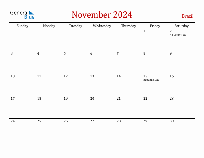 Brazil November 2024 Calendar - Sunday Start