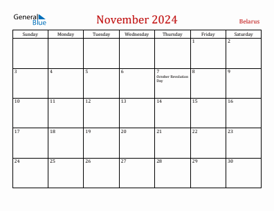 Current month calendar with Belarus holidays for November 2024