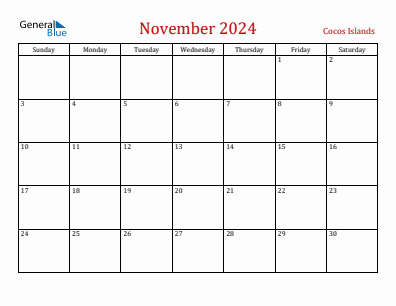 Current month calendar with Cocos Islands holidays for November 2024