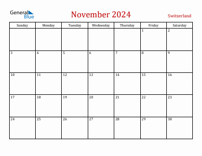 Current month calendar with Switzerland holidays for November 2024