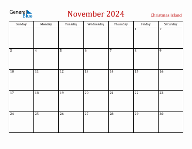 Current month calendar with Christmas Island holidays for November 2024