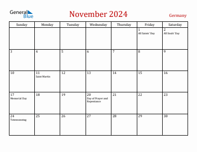 Current month calendar with Germany holidays for November 2024