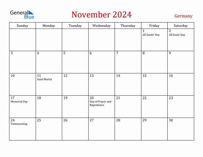 Germany November 2024 Calendar - Sunday Start