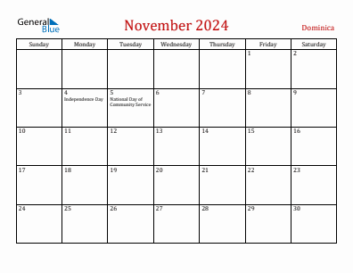 Current month calendar with Dominica holidays for November 2024