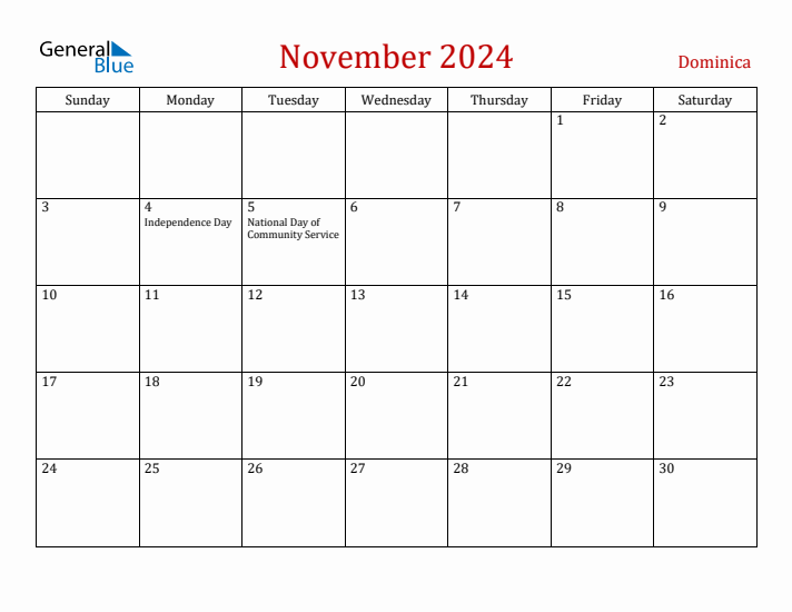 Dominica November 2024 Calendar - Sunday Start