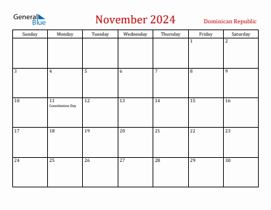 Current month calendar with Dominican Republic holidays for November 2024