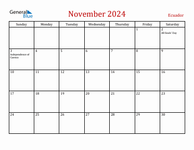 Current month calendar with Ecuador holidays for November 2024