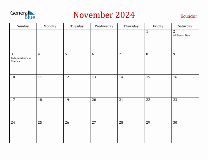 Ecuador November 2024 Calendar - Sunday Start