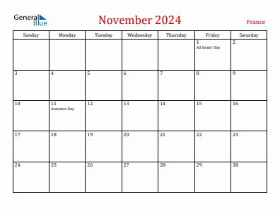 Current month calendar with France holidays for November 2024