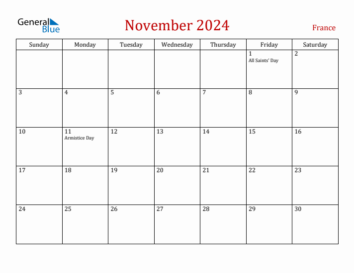 France November 2024 Calendar - Sunday Start