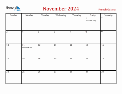 Current month calendar with French Guiana holidays for November 2024