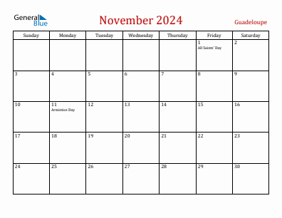 Current month calendar with Guadeloupe holidays for November 2024