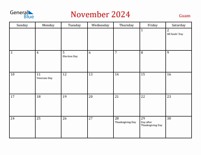 Current month calendar with Guam holidays for November 2024