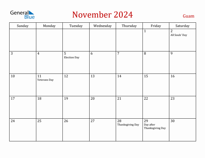 Guam November 2024 Calendar - Sunday Start