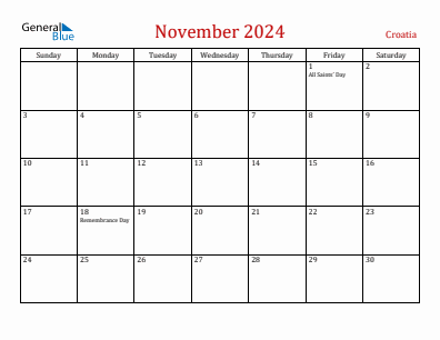 Current month calendar with Croatia holidays for November 2024