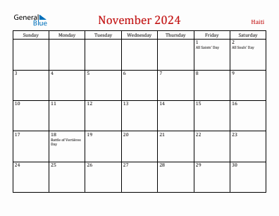 Current month calendar with Haiti holidays for November 2024