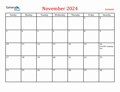 Current month calendar with Iceland holidays for November 2024