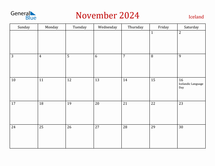 Iceland November 2024 Calendar - Sunday Start