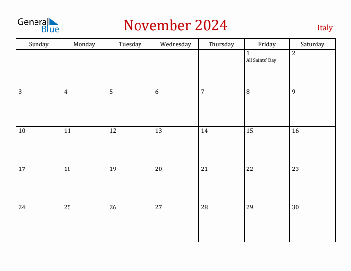 Italy November 2024 Calendar - Sunday Start