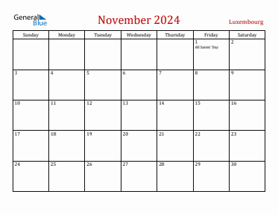 Current month calendar with Luxembourg holidays for November 2024