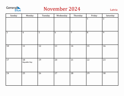 Current month calendar with Latvia holidays for November 2024