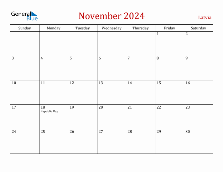 Latvia November 2024 Calendar - Sunday Start