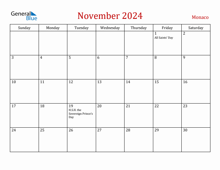 Monaco November 2024 Calendar - Sunday Start