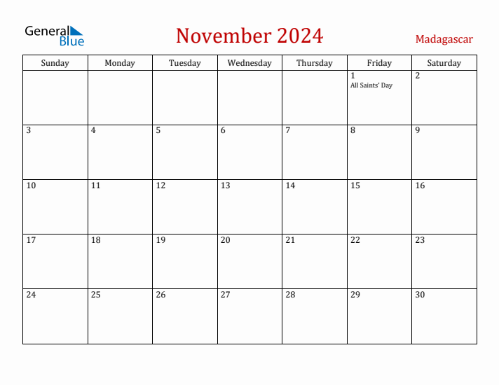 Madagascar November 2024 Calendar - Sunday Start