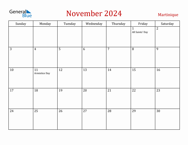 Martinique November 2024 Calendar - Sunday Start