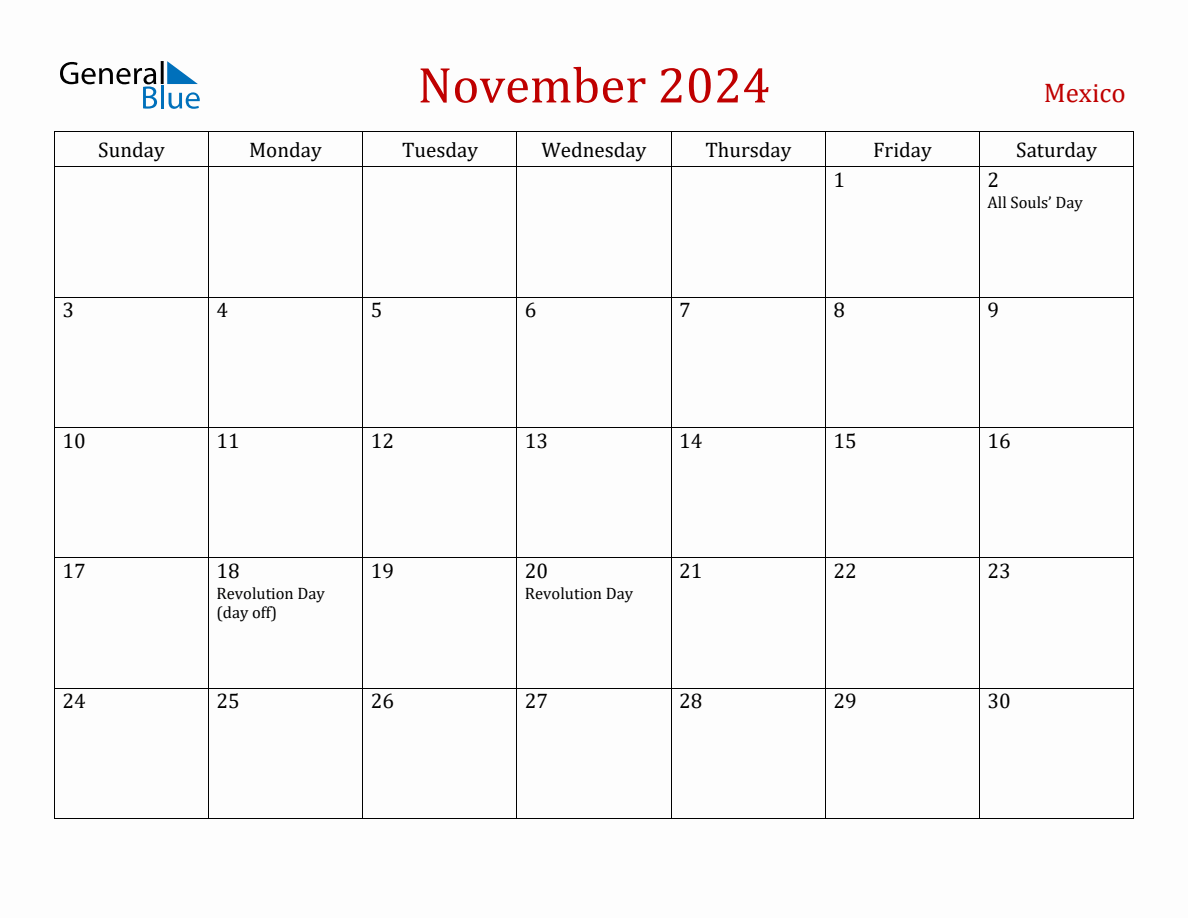 November 2024 Mexico Monthly Calendar with Holidays